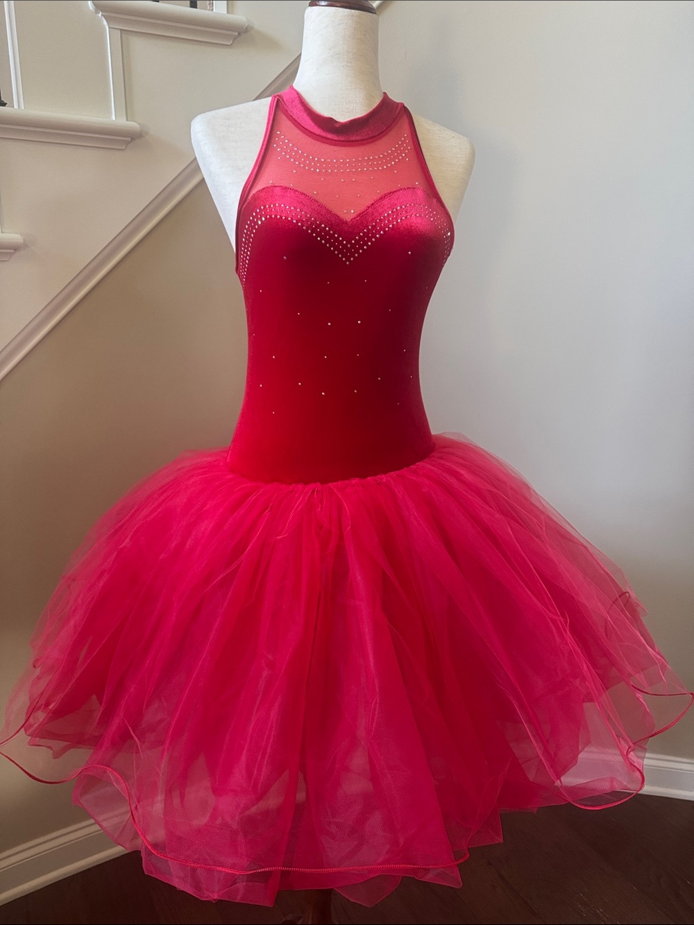 Curtain Call Bright Red Performance Dress with layered tulle skirt